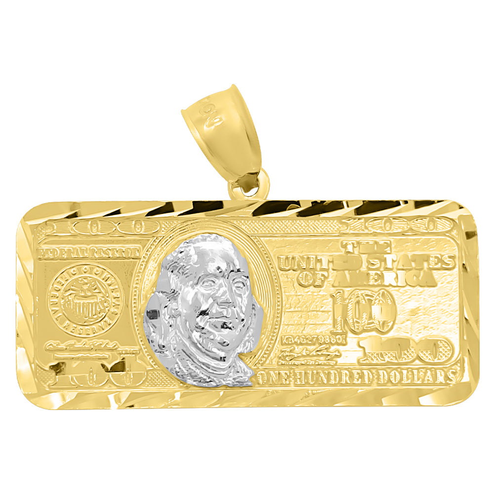 $100 Bill Horizontal DC 10K Yellow Gold Pendant HipHopBling
