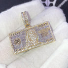 $100 Bill Money Baguette VVS CZ Hip Hop Iced Out Pendant Yellow Gold HipHopBling