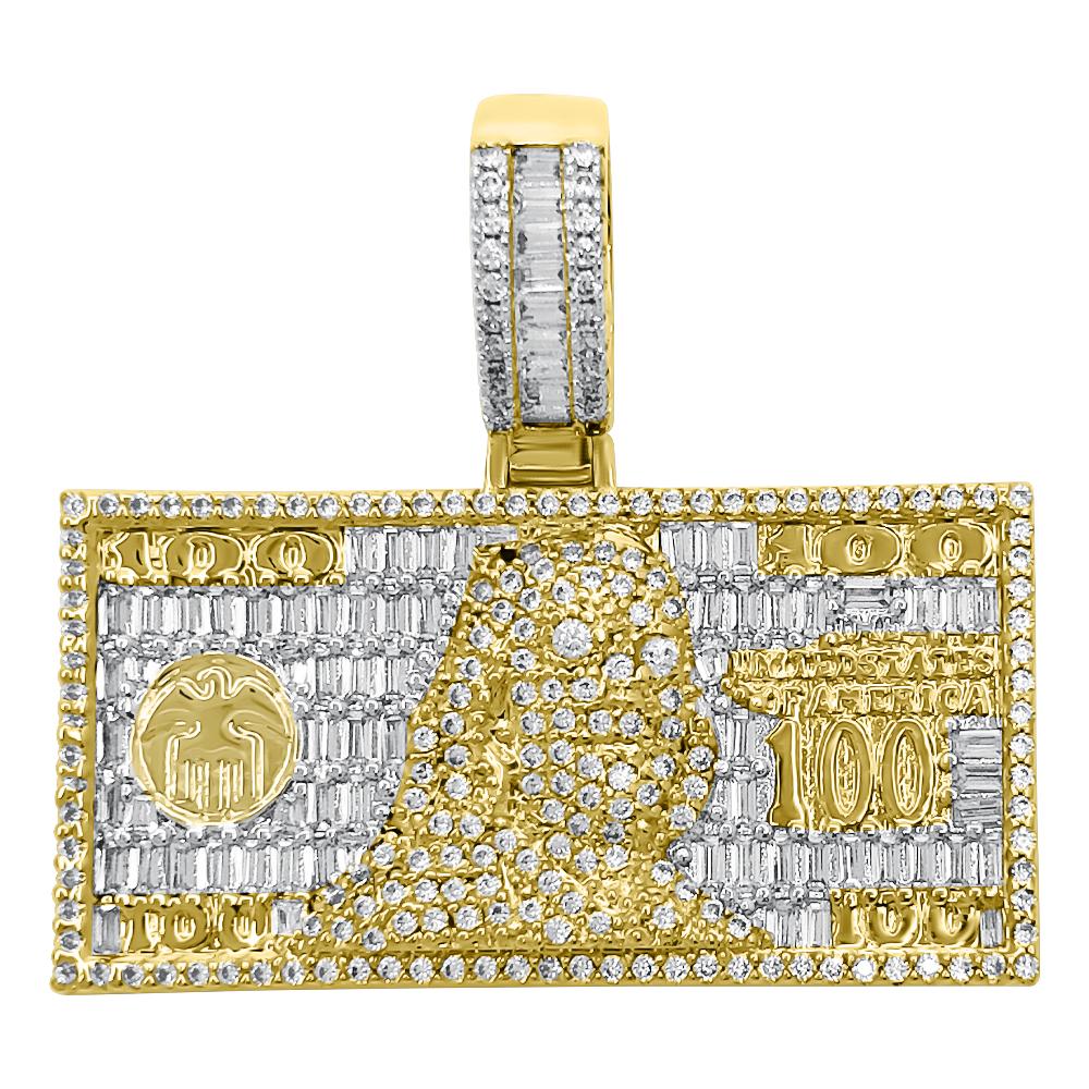 $100 Bill Money Baguette VVS CZ Hip Hop Iced Out Pendant Yellow Gold HipHopBling