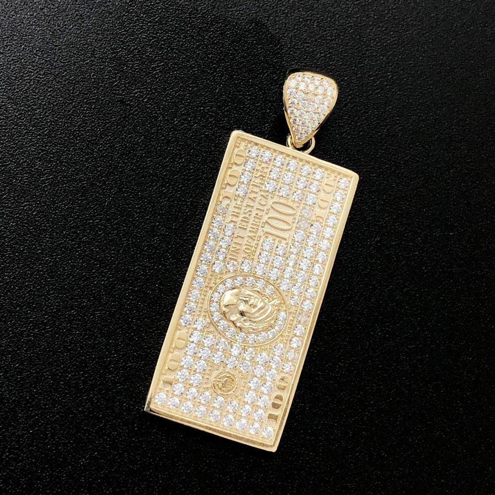 $100 Bill Vertical CZ 10K Yellow Gold Pendant HipHopBling