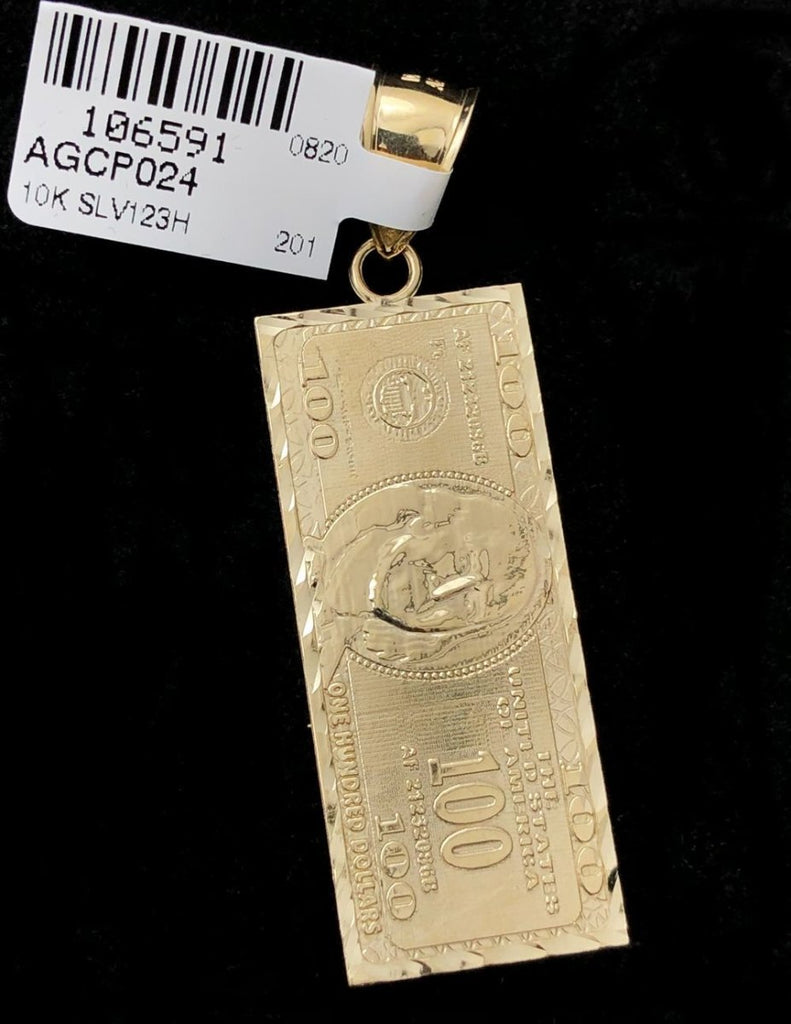 $100 Bill Vertical DC 10K Yellow Gold Pendant HipHopBling