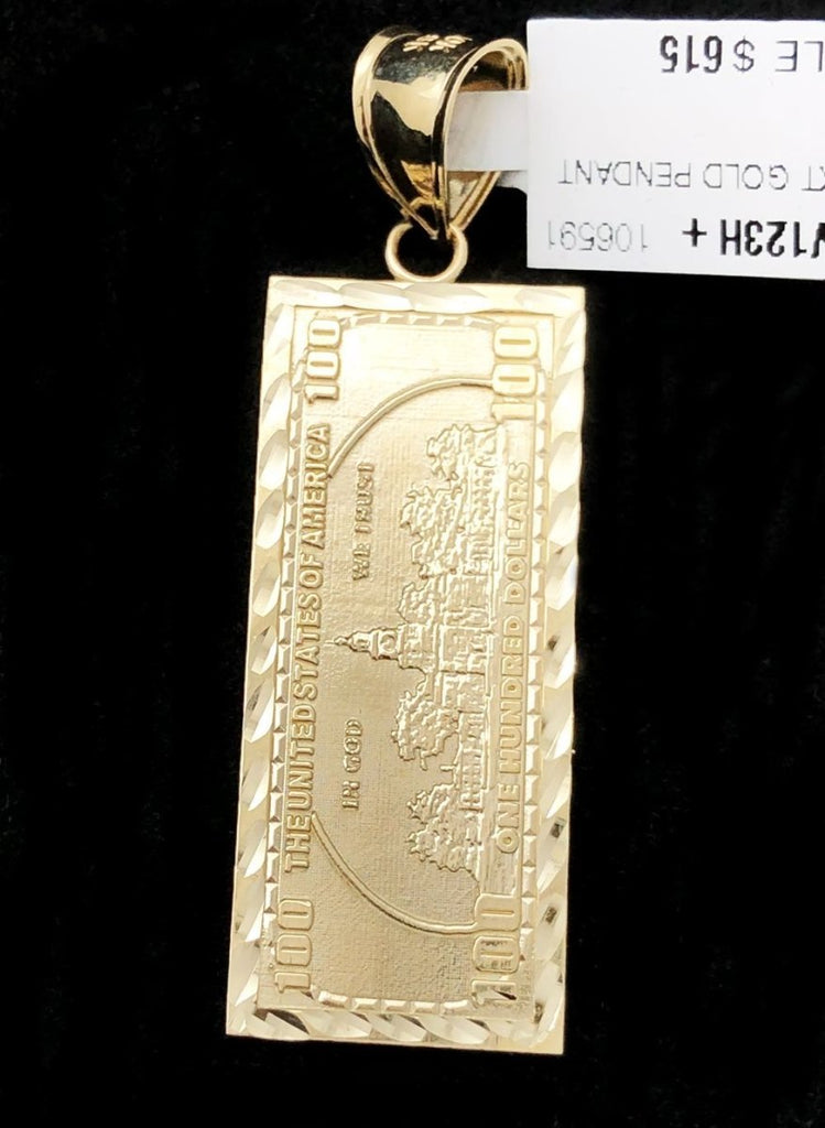 $100 Bill Vertical DC 10K Yellow Gold Pendant HipHopBling