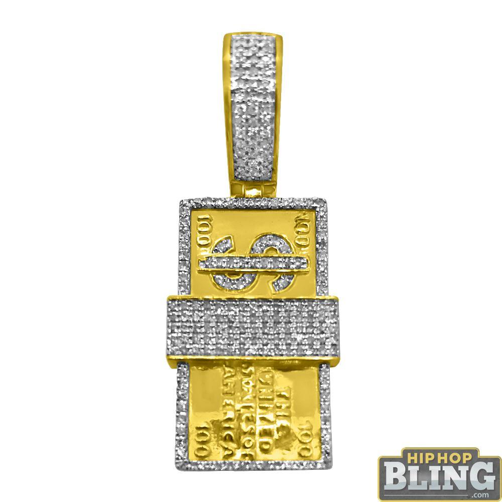10K Gold $100 Bill Stack .39cttw Diamond Pendant HipHopBling