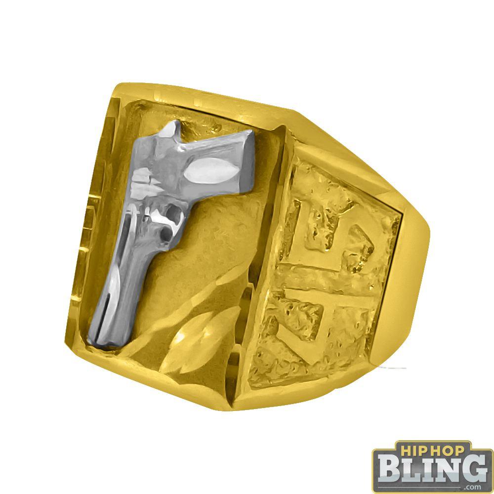 10K Gold Mens 45 Gun Mens Ring 11 HipHopBling
