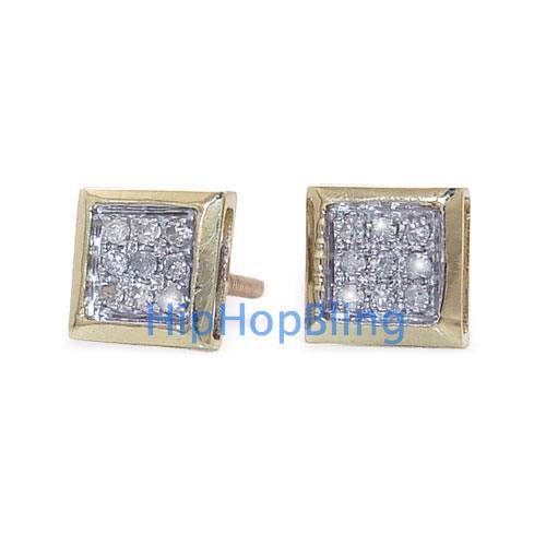 10k Yellow Gold Box .05 Carat Diamond Micro Pave Earrings HipHopBling