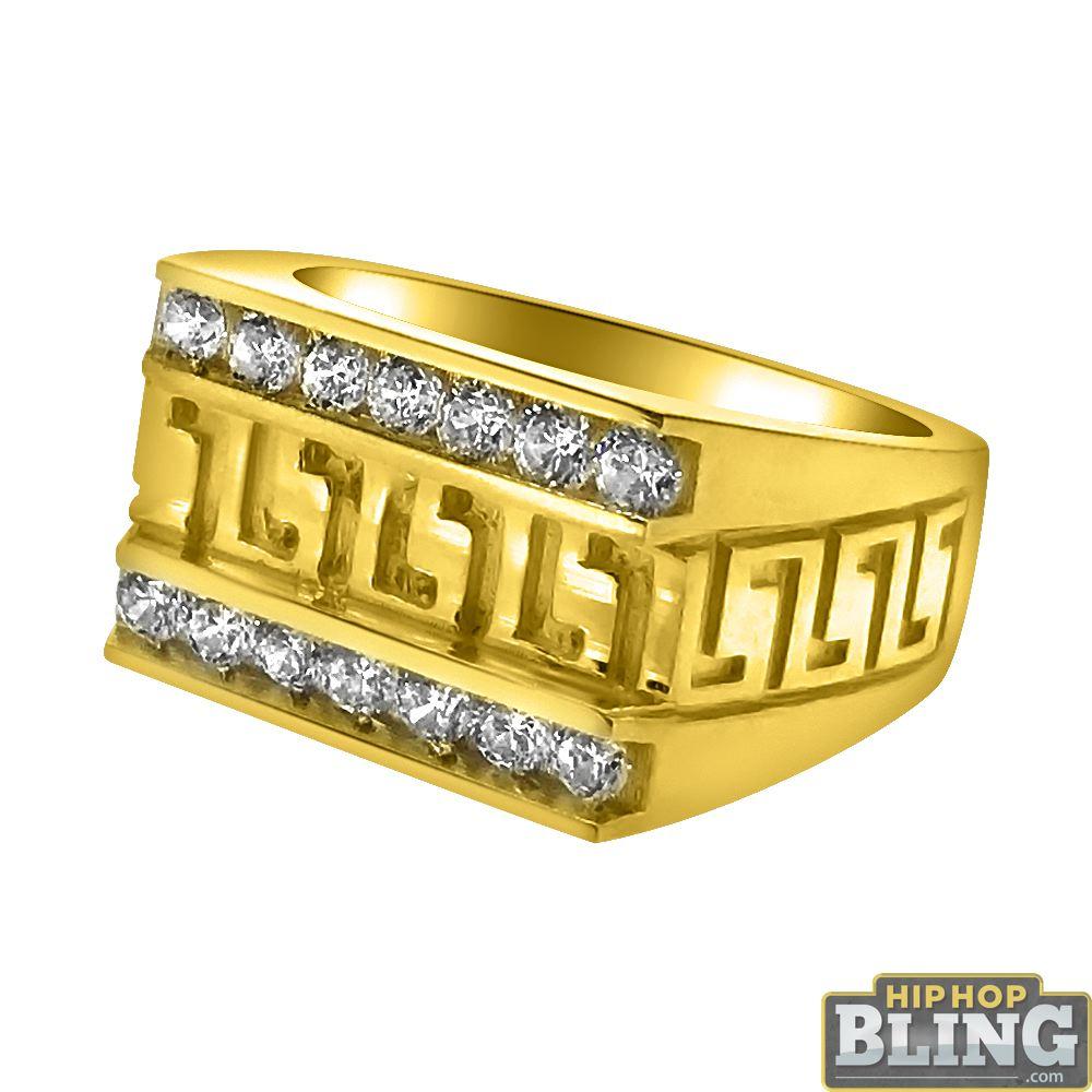 10K Yellow Gold CZ Bar Greek Pattern Mens Ring 10 HipHopBling