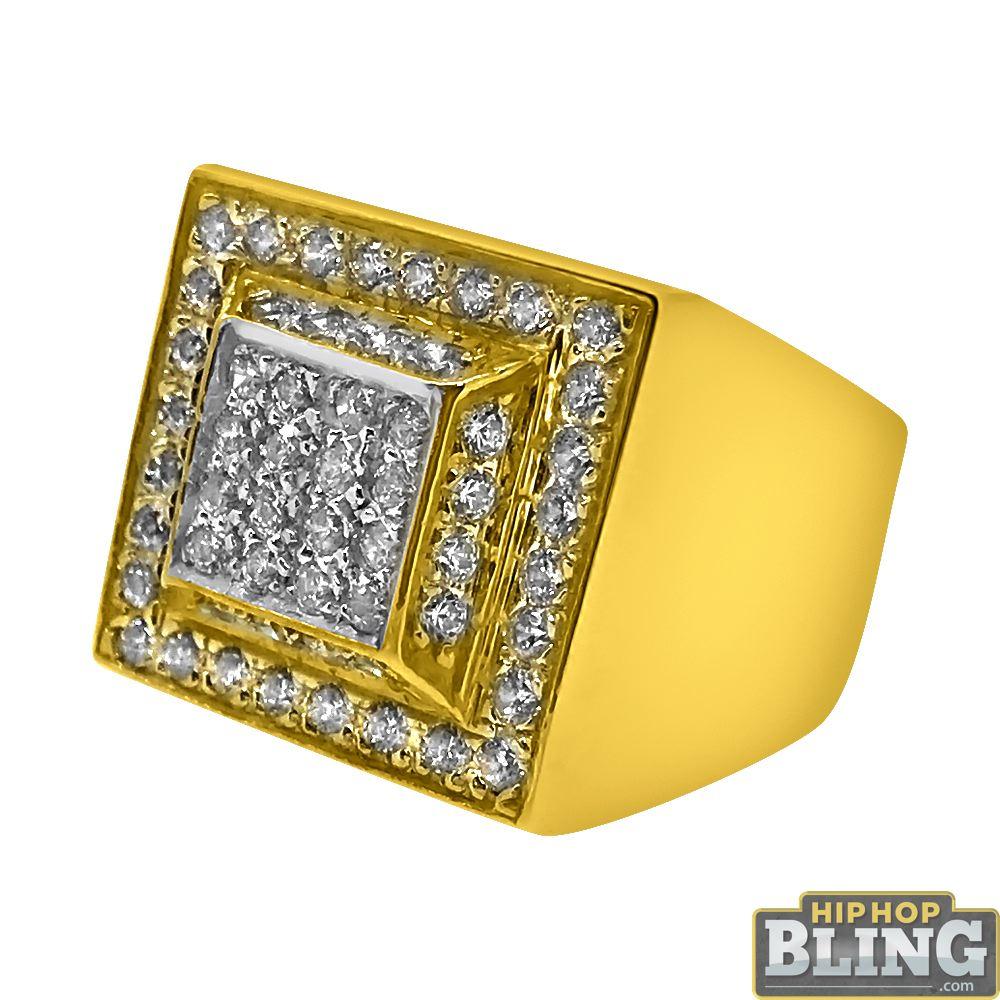 10K Yellow Gold CZ Bling Box Ring HipHopBling