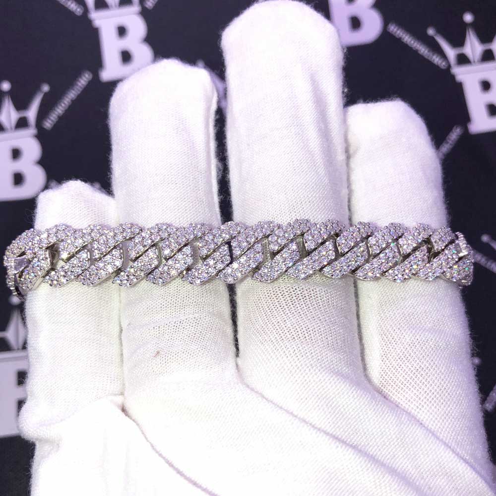 10MM Moissanite Iced Out Cuban Chain Sharp Link .925 Sterling Silver 7" Bracelet HipHopBling