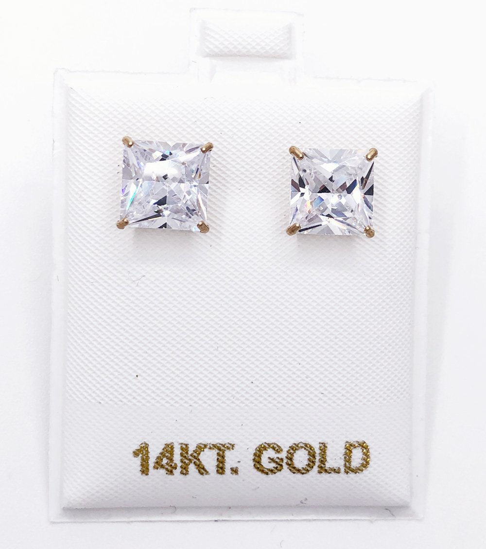 14K Gold Princess CZ Stud Earrings Bling Bling 4MM 14K Yellow Gold HipHopBling