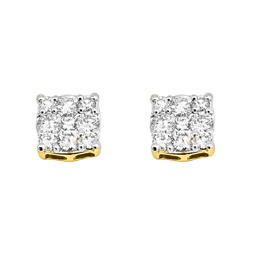 14K Yellow Gold 1.00 Carats Diamond Square Cluster Earrings HipHopBling
