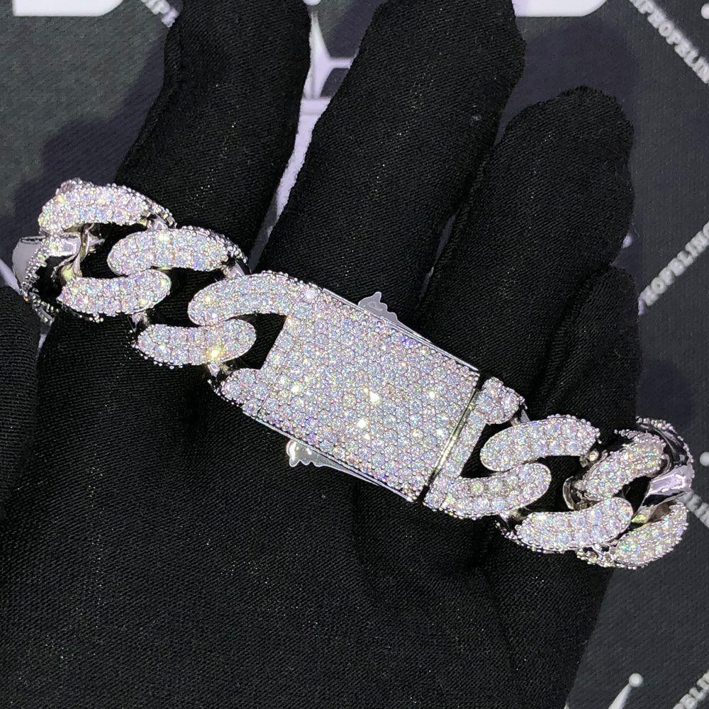 17MM 3D Cuban Link VVS Iced Out Hip Hop Bracelet White Gold 8" HipHopBling