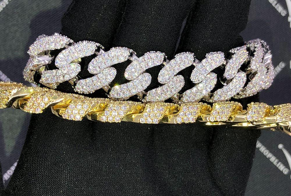 17MM 3D Cuban Link VVS Iced Out Hip Hop Bracelet Yellow Gold 8" HipHopBling