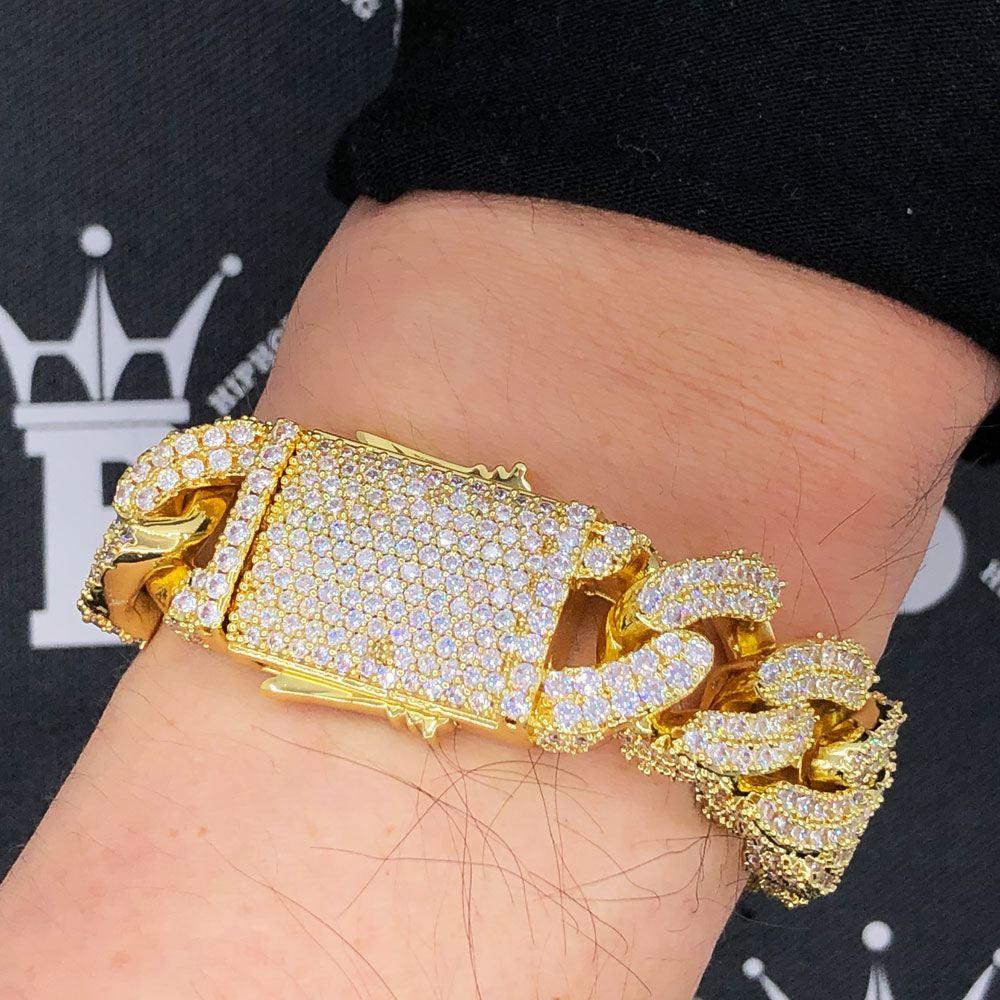 17MM 3D Cuban Link VVS Iced Out Hip Hop Bracelet Yellow Gold 8" HipHopBling