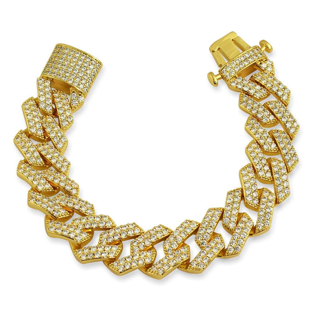 19MM Turkish Cuban Link Iced Out Hip Hop Bracelet Yellow Gold 7" HipHopBling
