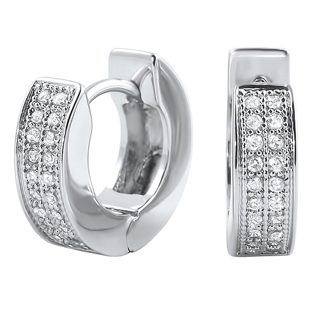 Fully Iced CZ Men's Big Stone White Gold Plated Sterling Silver Hoop  Earrings