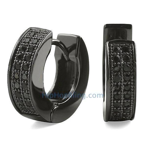 2 Row Huggie Black CZ Micro Pave Hoop Earrings HipHopBling