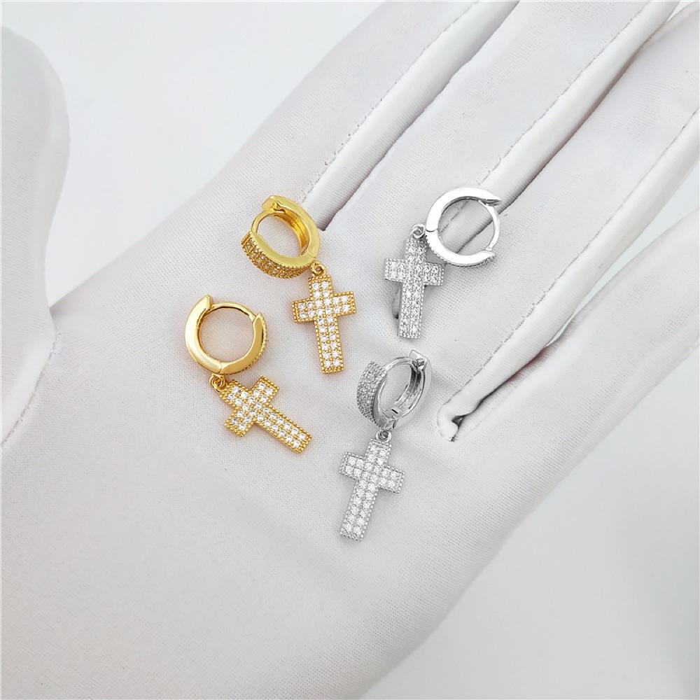 2 Row Tennis Cross Dangling Huggie Hoop CZ Iced Out Earrings .925 Silver White Gold HipHopBling