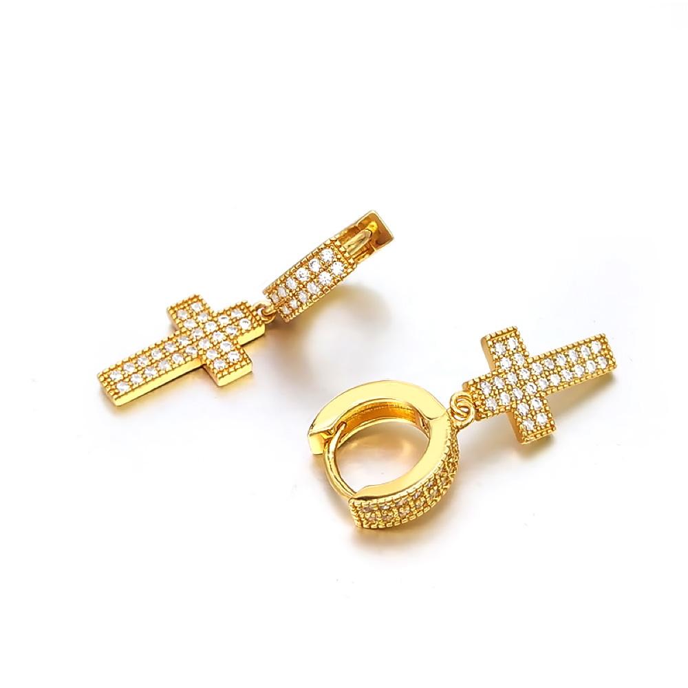 2 Row Tennis Cross Dangling Huggie Hoop CZ Iced Out Earrings .925 Silver White Gold HipHopBling