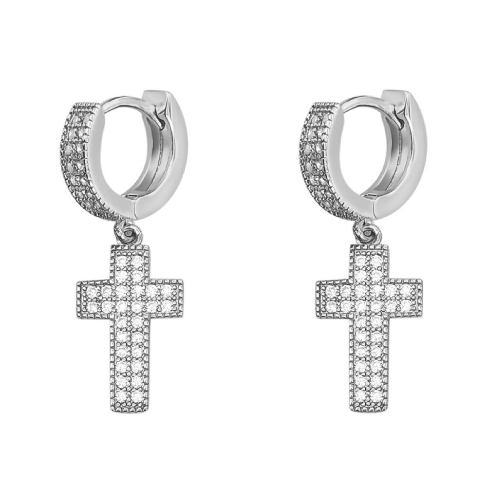 2 Row Tennis Cross Dangling Huggie Hoop CZ Iced Out Earrings .925 Silver White Gold HipHopBling