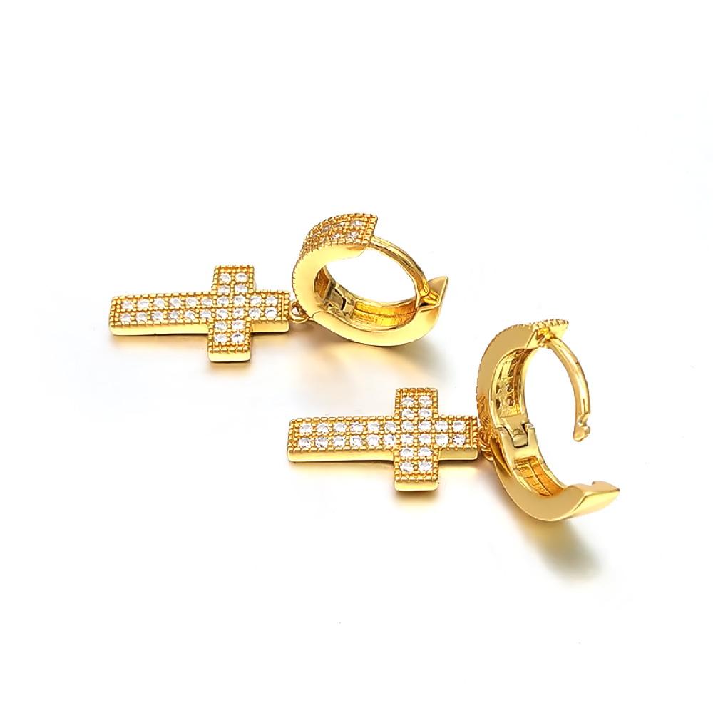 2 Row Tennis Cross Dangling Huggie Hoop CZ Iced Out Earrings .925 Silver White Gold HipHopBling