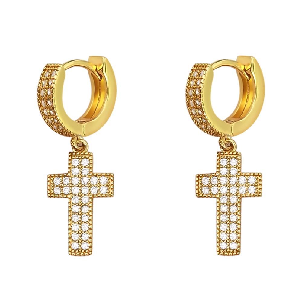 2 Row Tennis Cross Dangling Huggie Hoop CZ Iced Out Earrings .925 Silver Yellow Gold HipHopBling