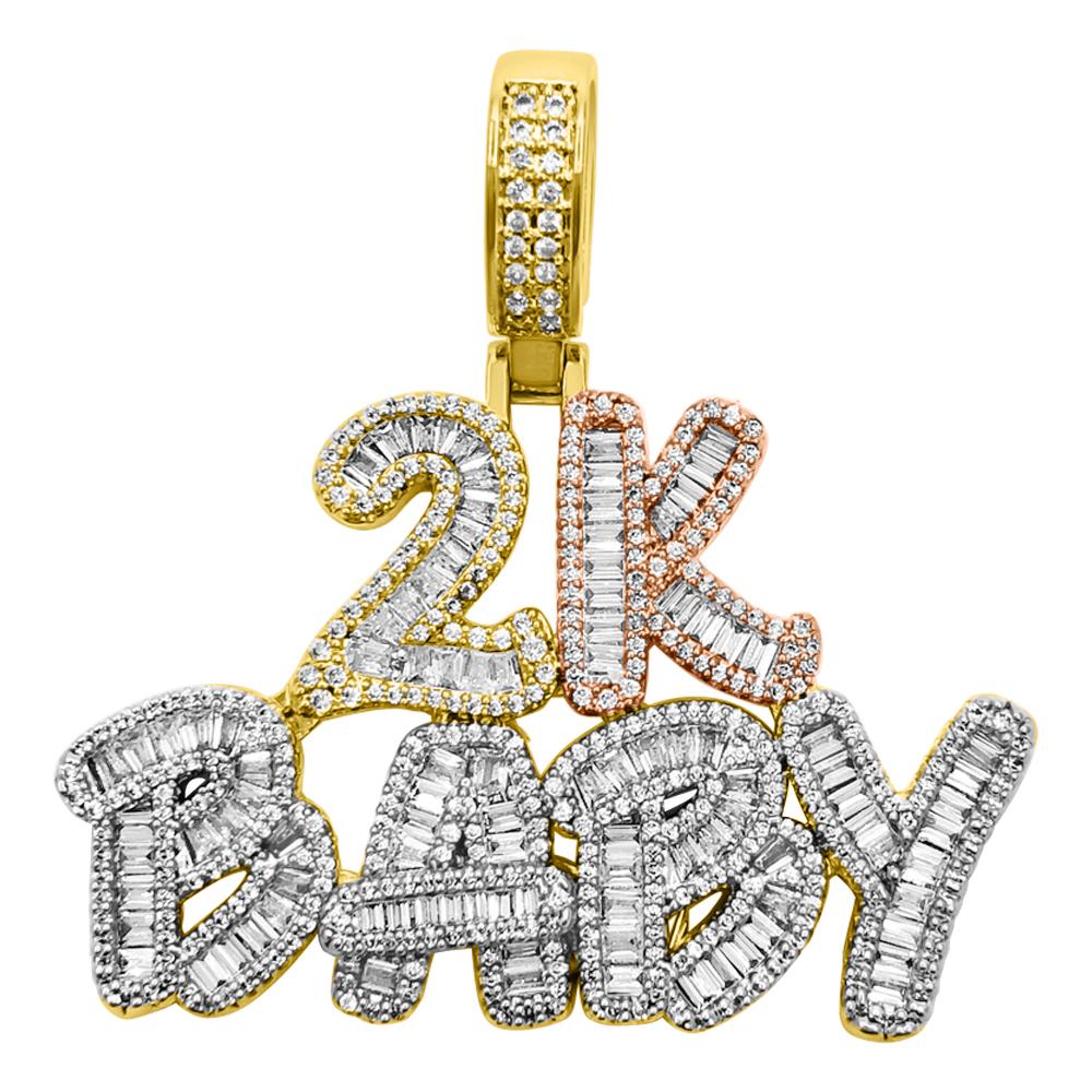 2K Baby Baguette 3 Tone VVS CZ Iced Out Pendant 3 Tone HipHopBling