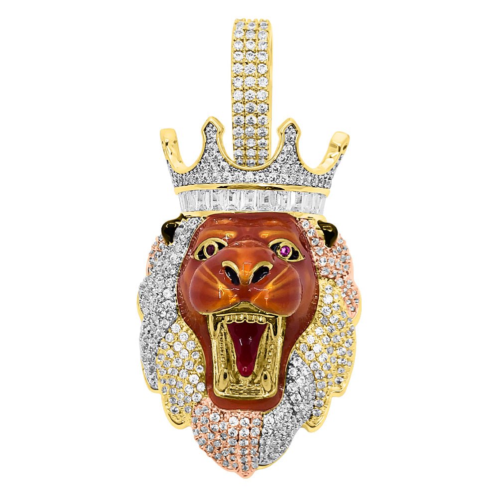 3 Tone Enamel Lion Head Crown CZ Bling Iced Out Pendant 3 Tone HipHopBling
