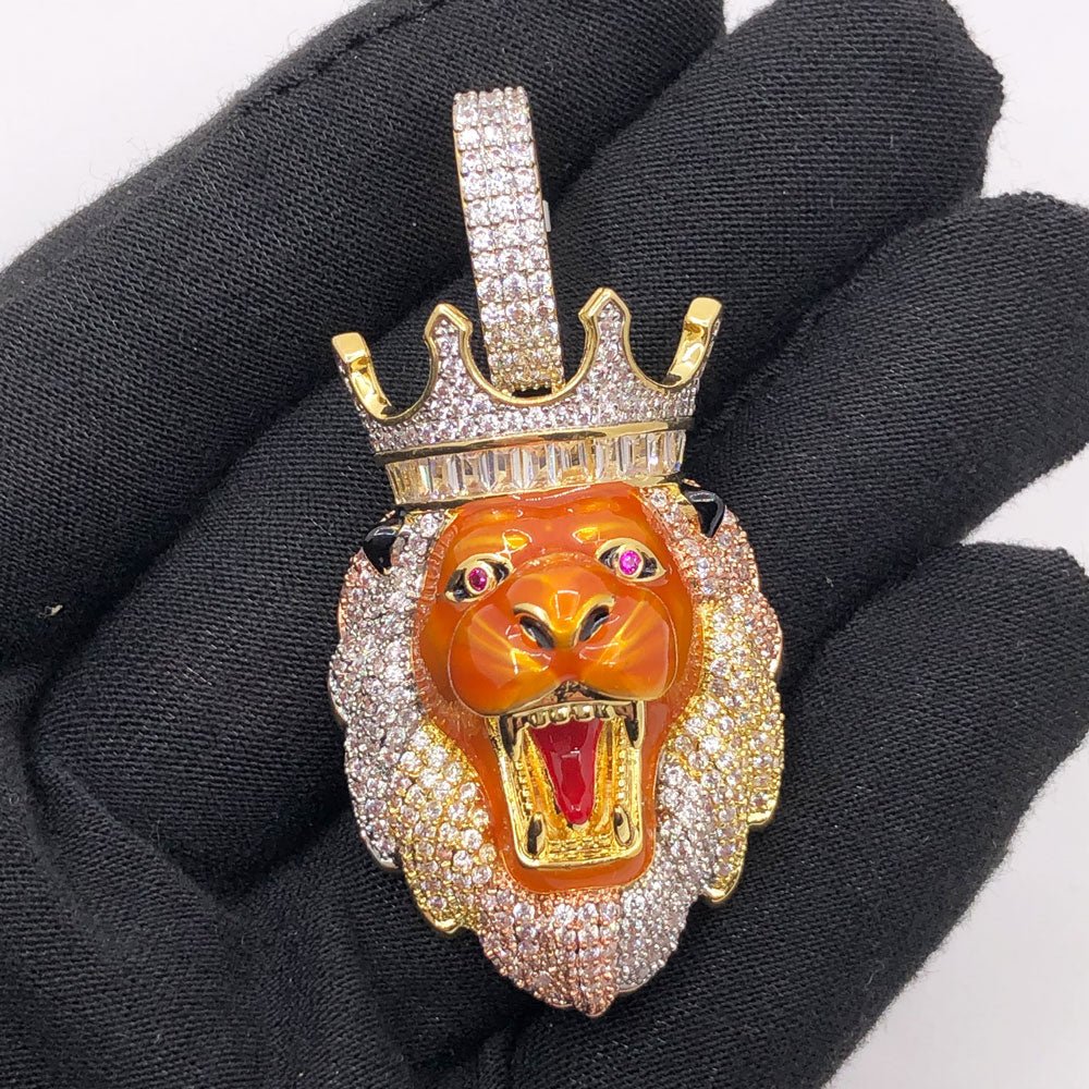 3 Tone Enamel Lion Head Crown CZ Bling Iced Out Pendant 3 Tone HipHopBling