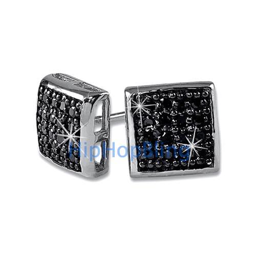 32 Stones Puffed Box Black CZ Micro Pave Earrings .925 Silver HipHopBling