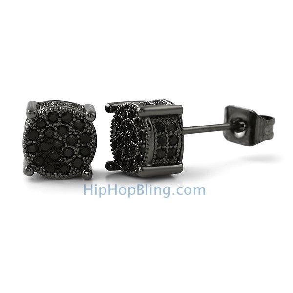 360 Round Black CZ Micro Pave Bling Earrings HipHopBling