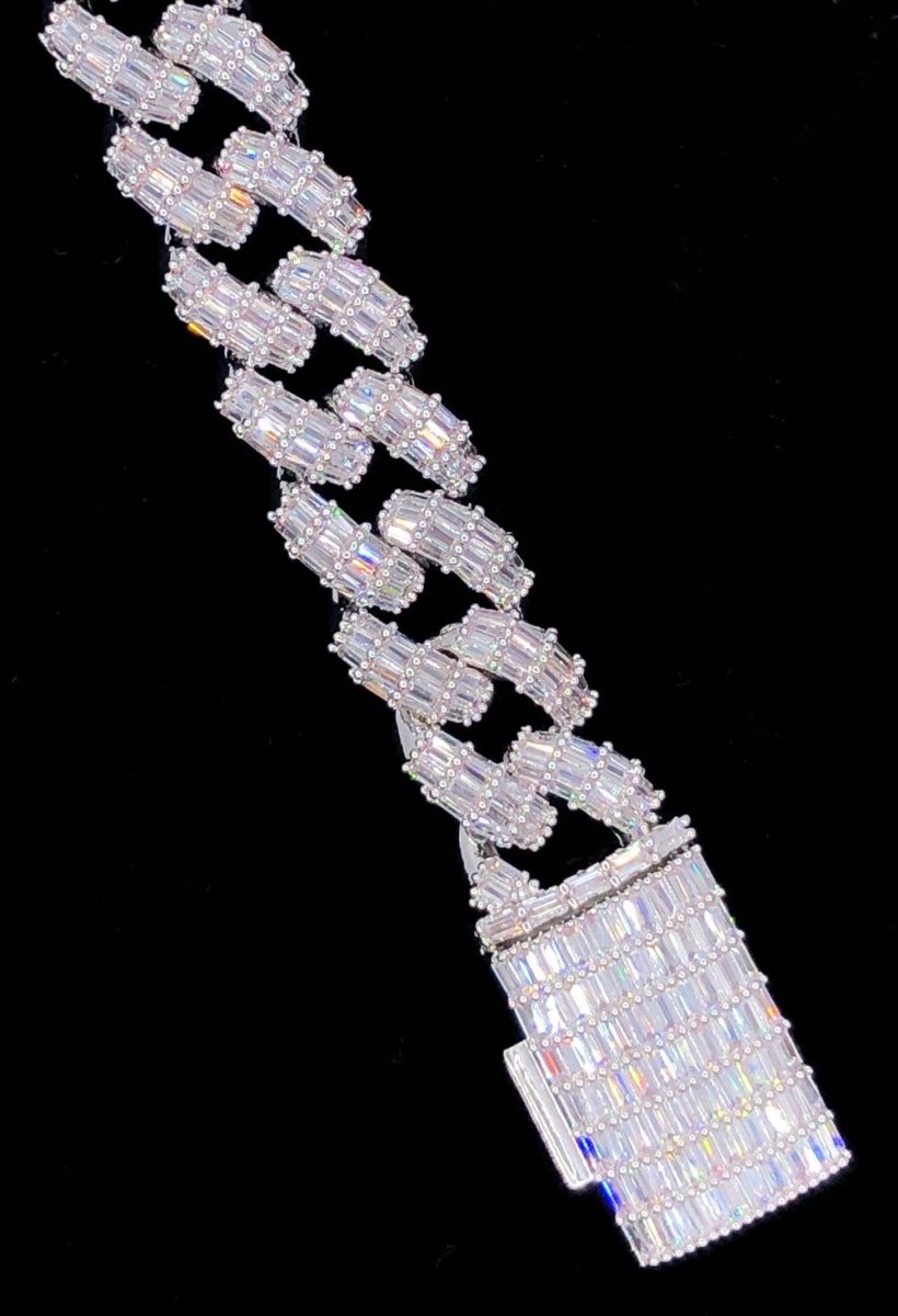 3D Baguette Cuban Link CZ Iced Out Hip Hop Bracelet White Gold 8" HipHopBling