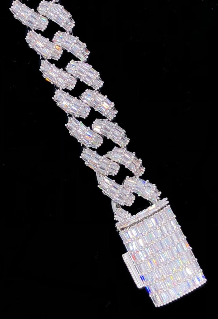 3D Baguette Cuban Link CZ Iced Out Hip Hop Bracelet White Gold 8" HipHopBling
