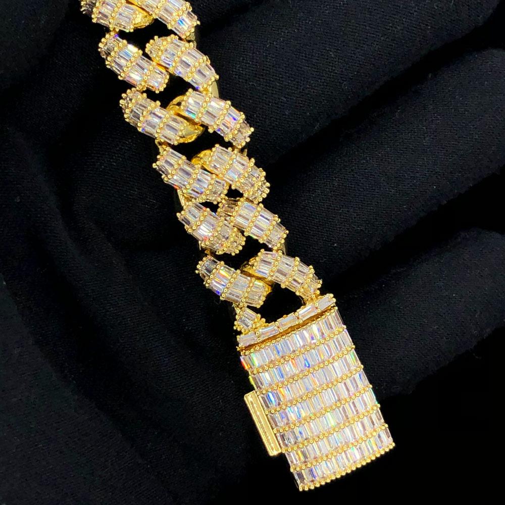 3D Baguette Cuban Link CZ Iced Out Hip Hop Bracelet Yellow Gold 8" HipHopBling