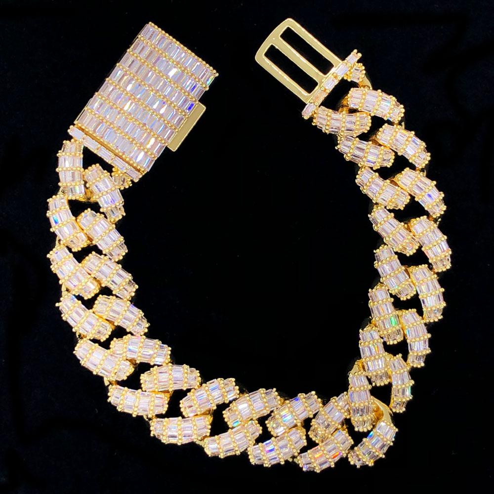 3D Baguette Cuban Link CZ Iced Out Hip Hop Bracelet Yellow Gold 8" HipHopBling