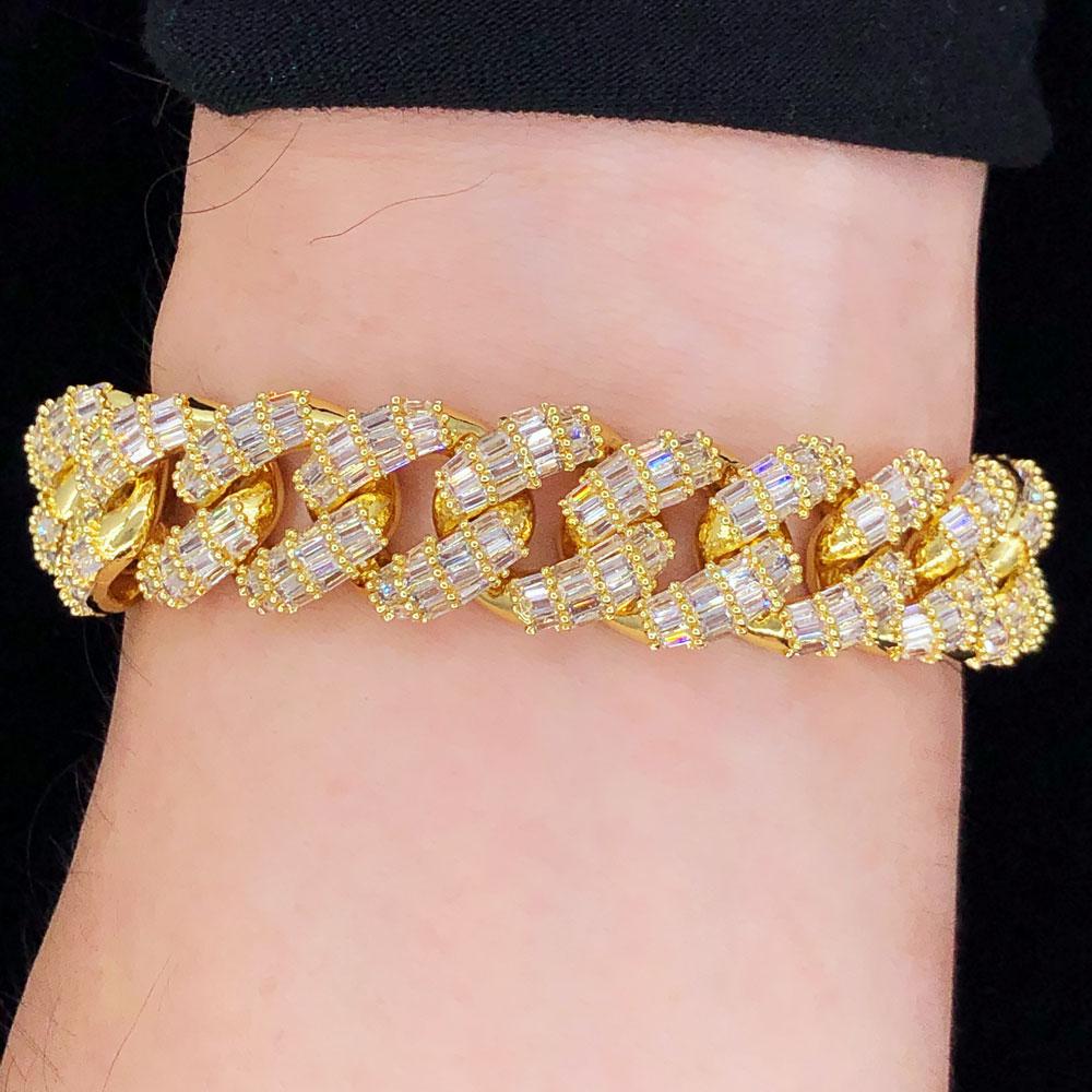 3D Baguette Cuban Link CZ Iced Out Hip Hop Bracelet Yellow Gold 8" HipHopBling
