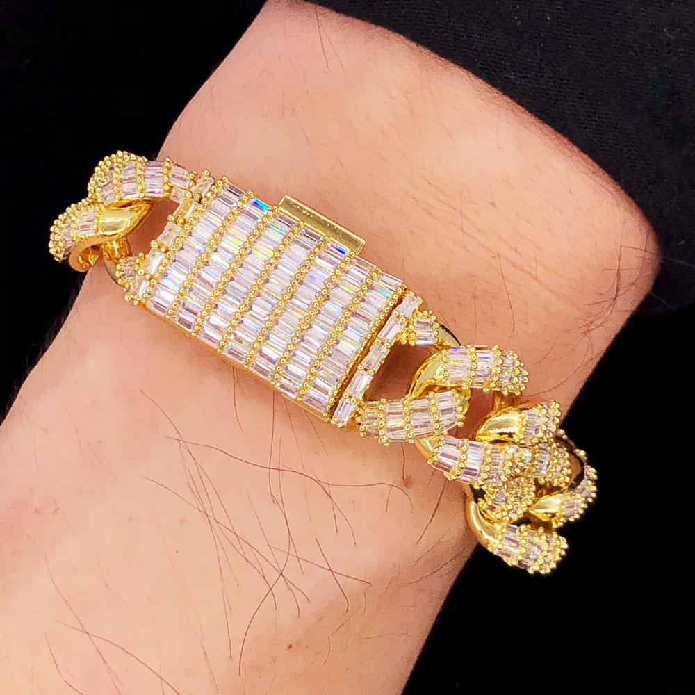 3D Baguette Cuban Link CZ Iced Out Hip Hop Bracelet Yellow Gold 8" HipHopBling