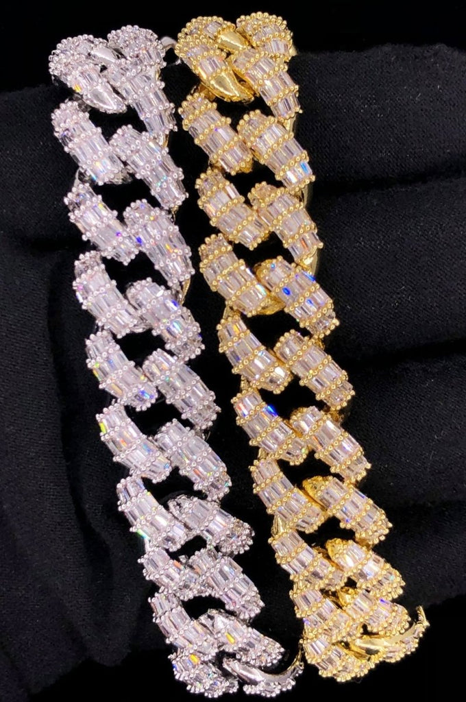 3D Baguette Cuban Link CZ Iced Out Hip Hop Bracelet Yellow Gold 8" HipHopBling