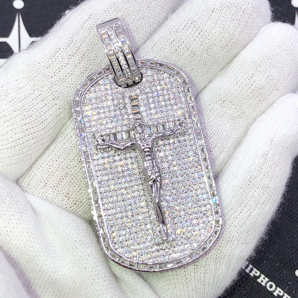 3D Baguette Dog Tag Jesus Crucifix CZ Iced Out Pendant White Gold HipHopBling