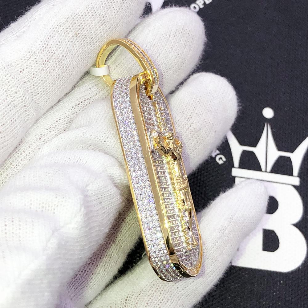 3D Baguette Dog Tag Jesus Crucifix CZ Iced Out Pendant Yellow Gold HipHopBling