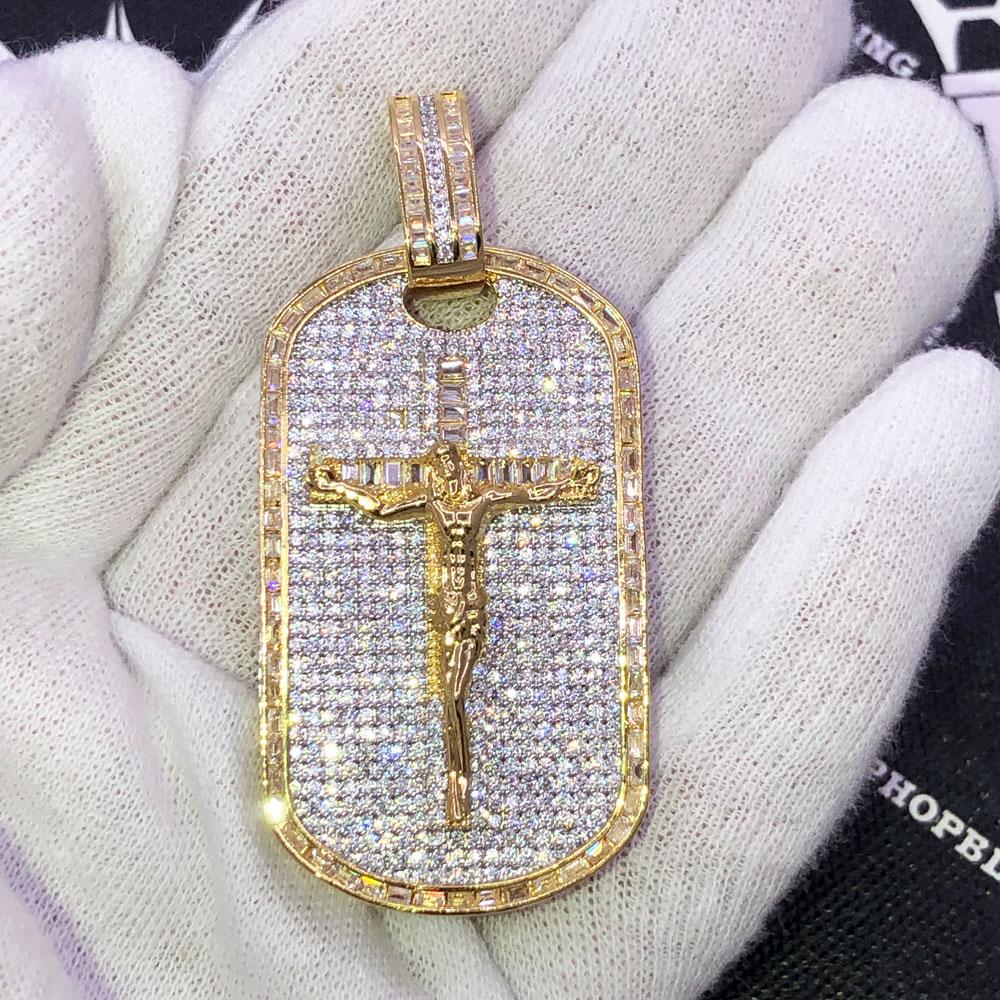 3D Baguette Dog Tag Jesus Crucifix CZ Iced Out Pendant Yellow Gold HipHopBling