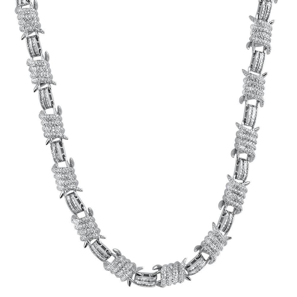 3D Barb Wire Baguette Bling Bling CZ Iced Out Chain White Gold 18" HipHopBling