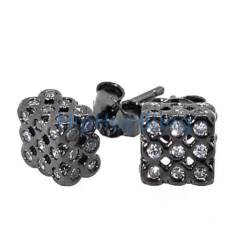 3D Bezel Cube White CZ Black .925 Silver Hip Hop Earrings HipHopBling