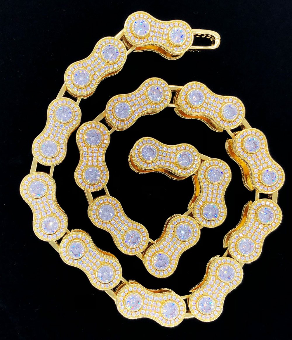 3D Bike Link Bling Bling CZ Iced Out Chain Yellow Gold 18" HipHopBling