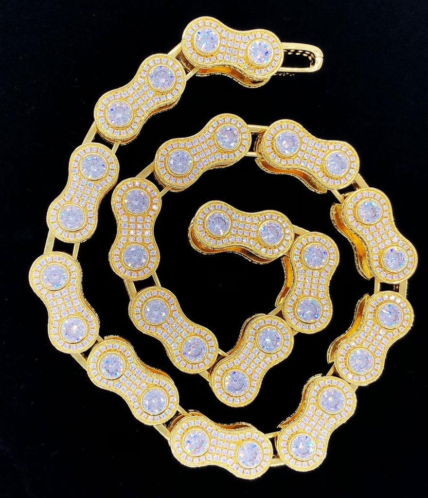 3D Bike Link Bling Bling CZ Iced Out Chain Yellow Gold 18" HipHopBling