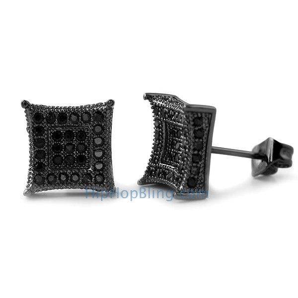 3D Box Kite L Black CZ Micro Pave Earrings HipHopBling