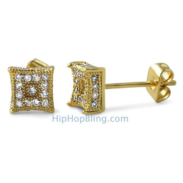 3D Box Kite S Gold Micro Pave CZ Earrings HipHopBling