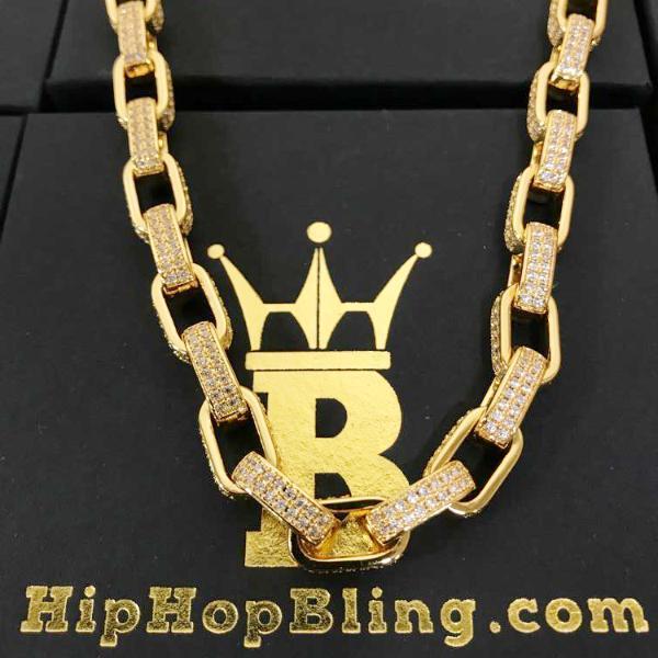 3D Box Link Gold Hip Hop CZ Bling Bling Chain 16" HipHopBling
