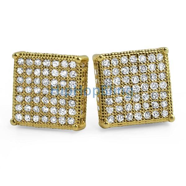 3D Box XL Gold CZ Micro Pave Bling Earrings HipHopBling