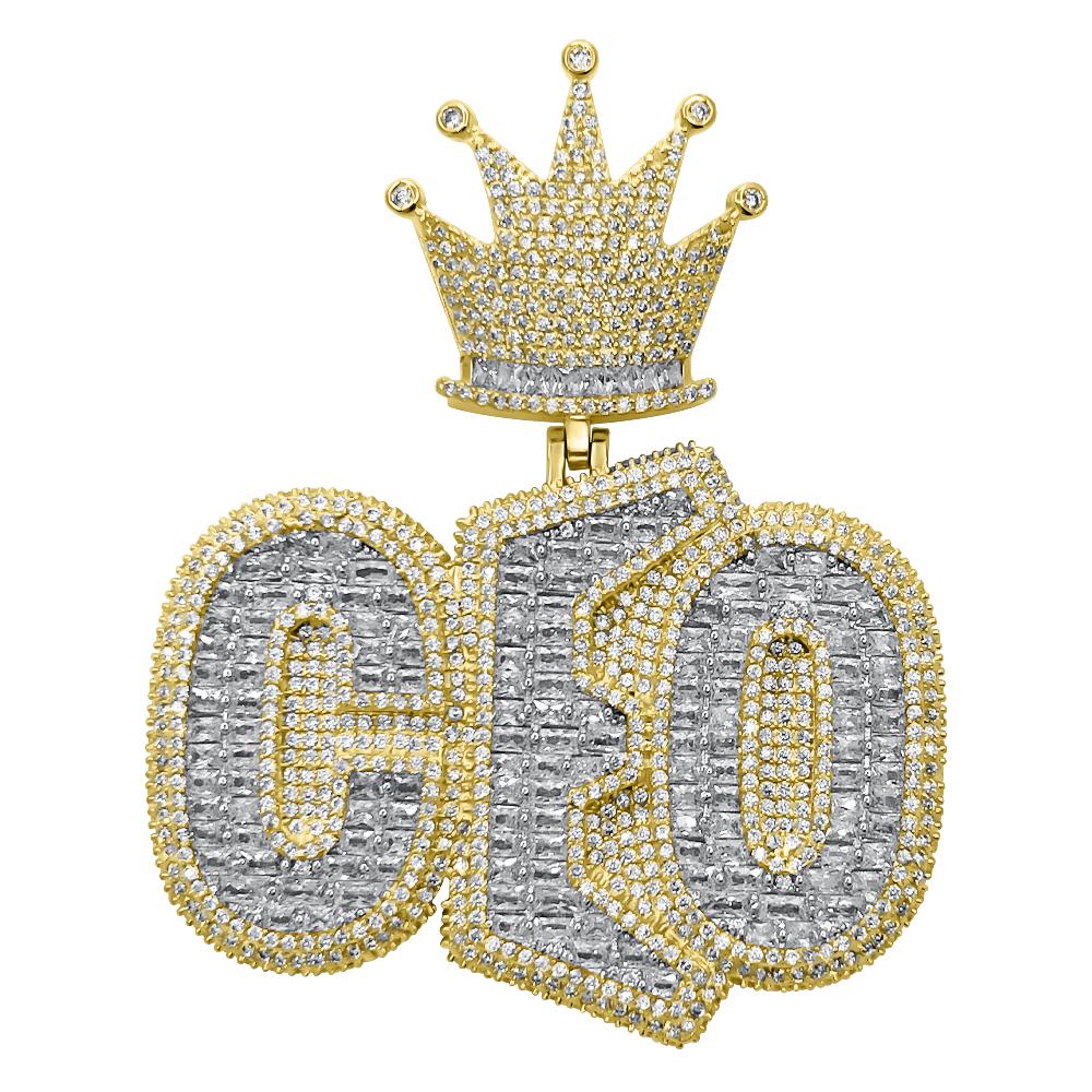 3D CEO Crown Baguette CZ Iced Out Hip Hop Pendant Yellow Gold HipHopBling