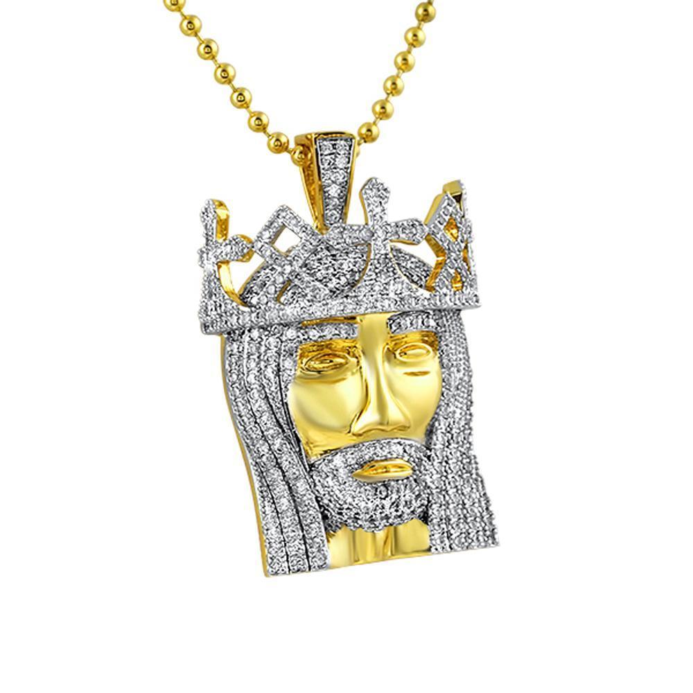 3D Crown Mini Detailed Jesus Gold Pendant HipHopBling